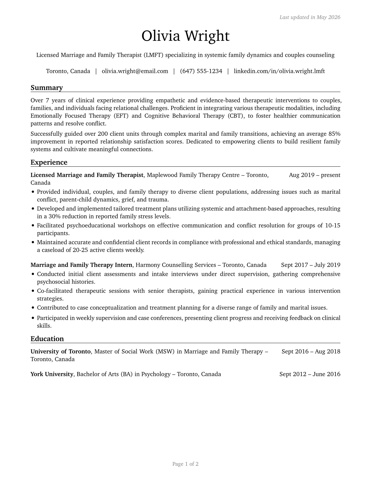Marriage and Family Therapists CV in English — page 1