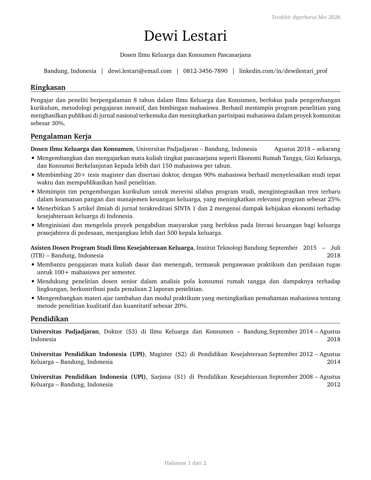 Family and Consumer Sciences Teachers, Postsecondary CV in Indonesian — page 1