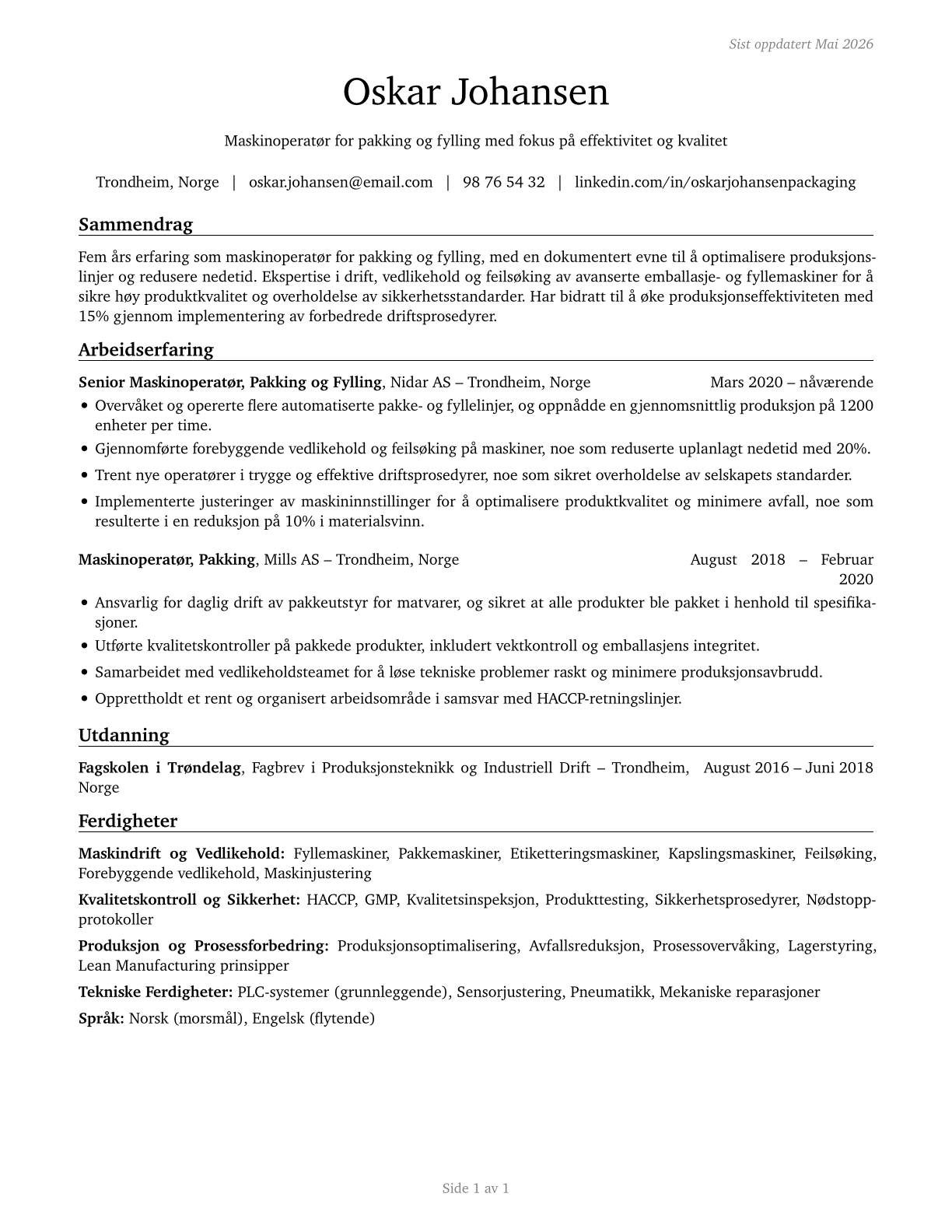 Packaging and Filling Machine Operators and Tenders CV in Norwegian_bokmal — page 1