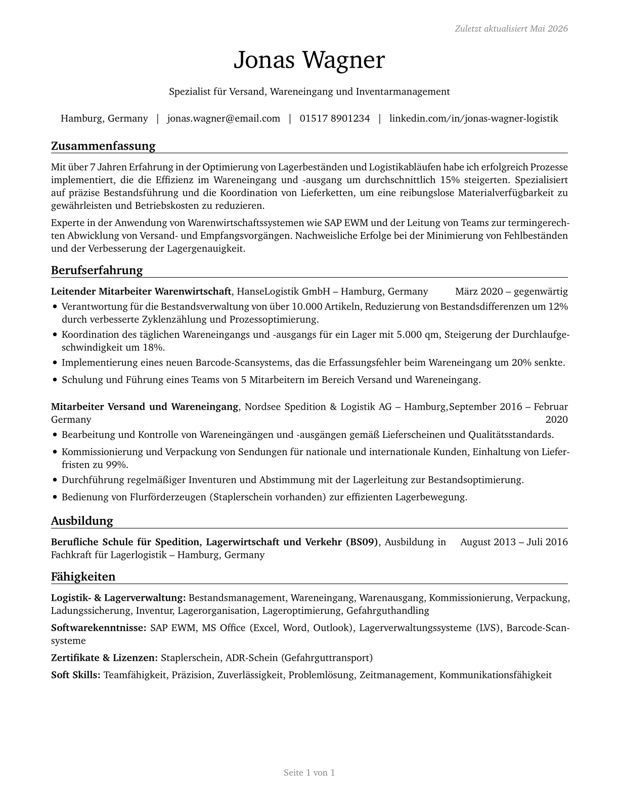 Shipping, Receiving, and Inventory Clerks CV in German — page 1