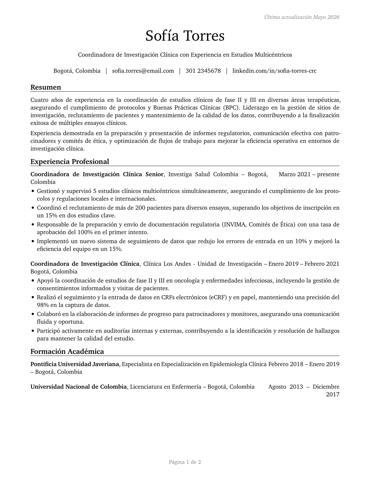 Clinical Research Coordinators CV in Spanish — page 1