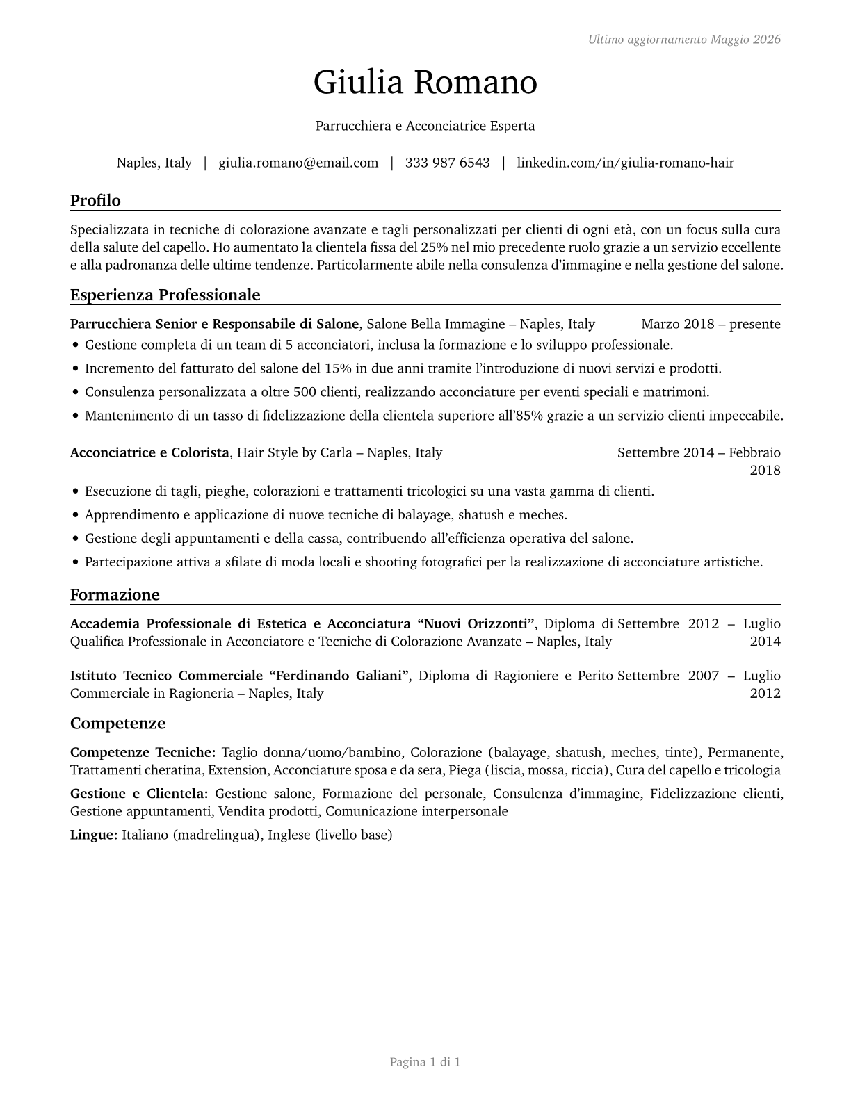Hairdressers, Hairstylists, and Cosmetologists CV in Italian — page 1