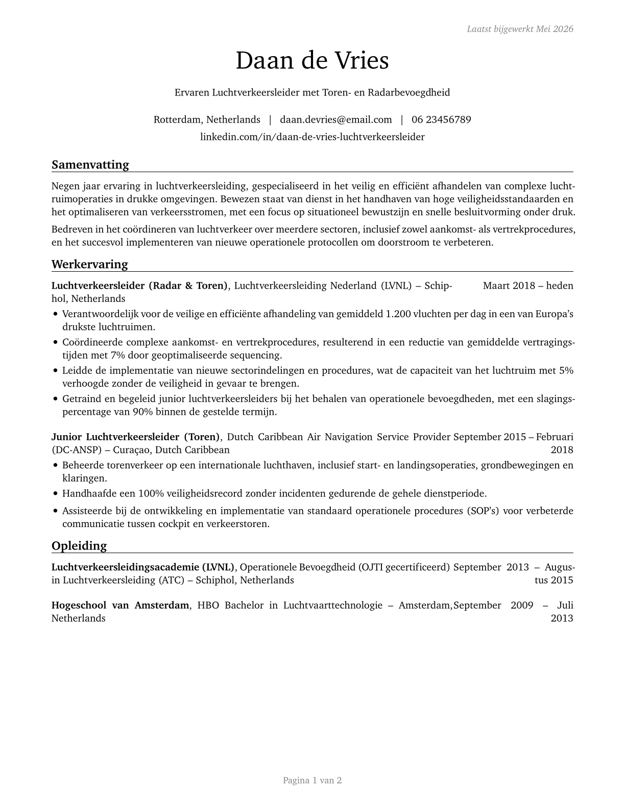 Air Traffic Controllers CV in Dutch — page 1
