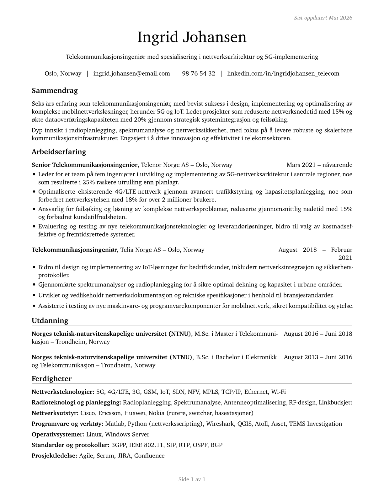 Telecommunications Engineering Specialists CV in Norwegian_bokmal — page 1