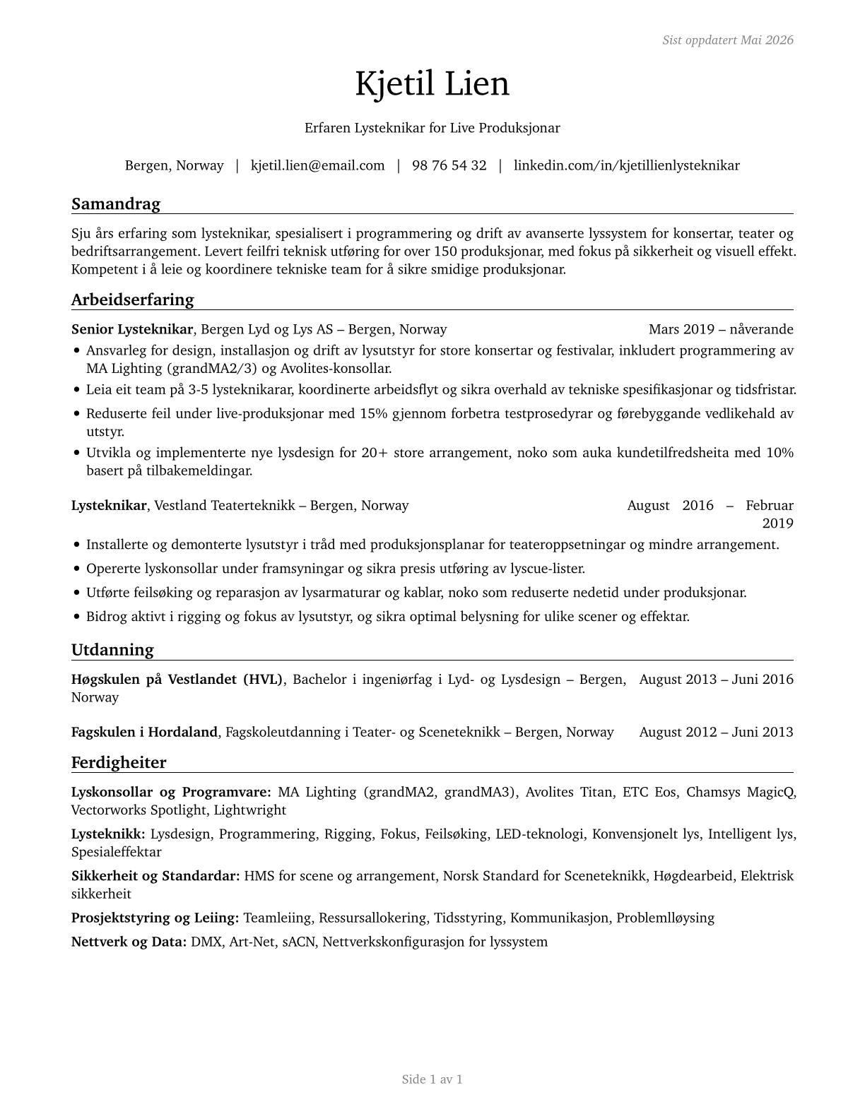 Lighting Technicians CV in Norwegian_nynorsk — page 1