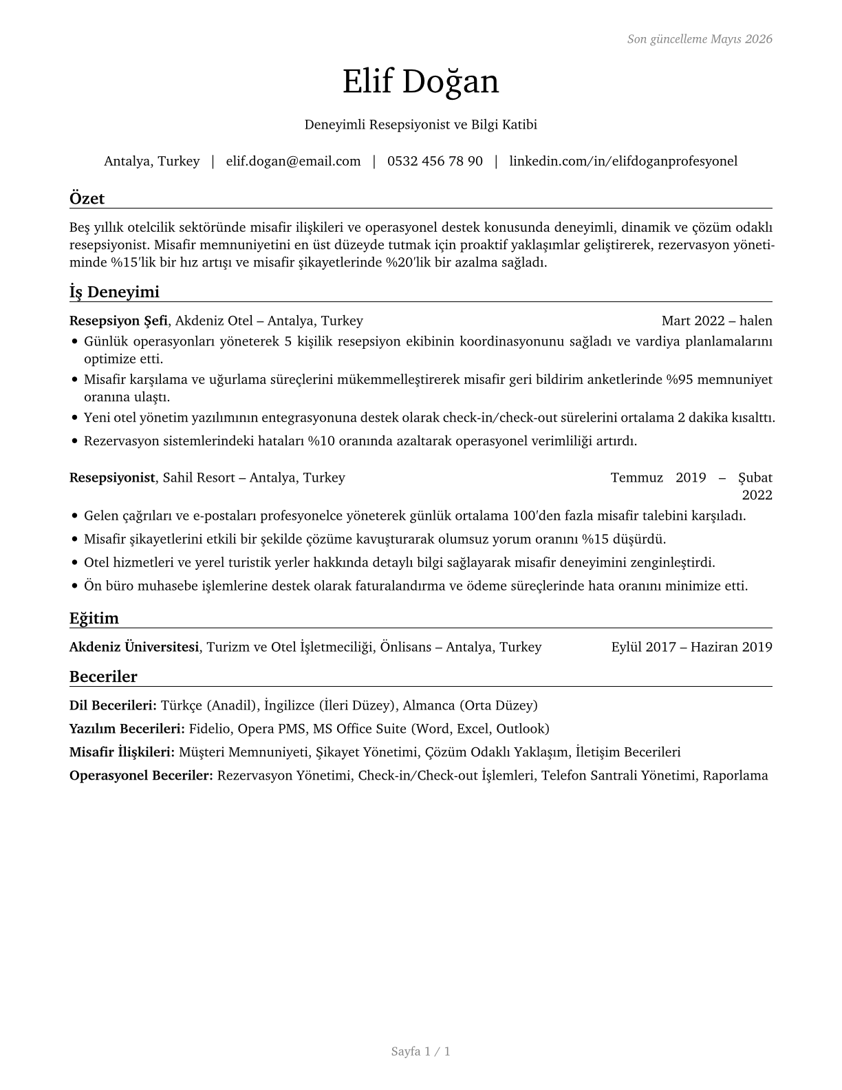 Receptionists and Information Clerks CV in Turkish — page 1