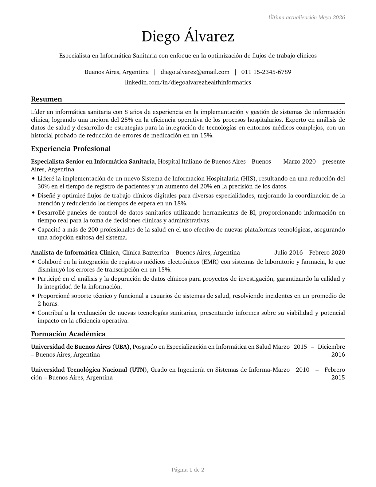 Health Informatics Specialists CV in Spanish — page 1