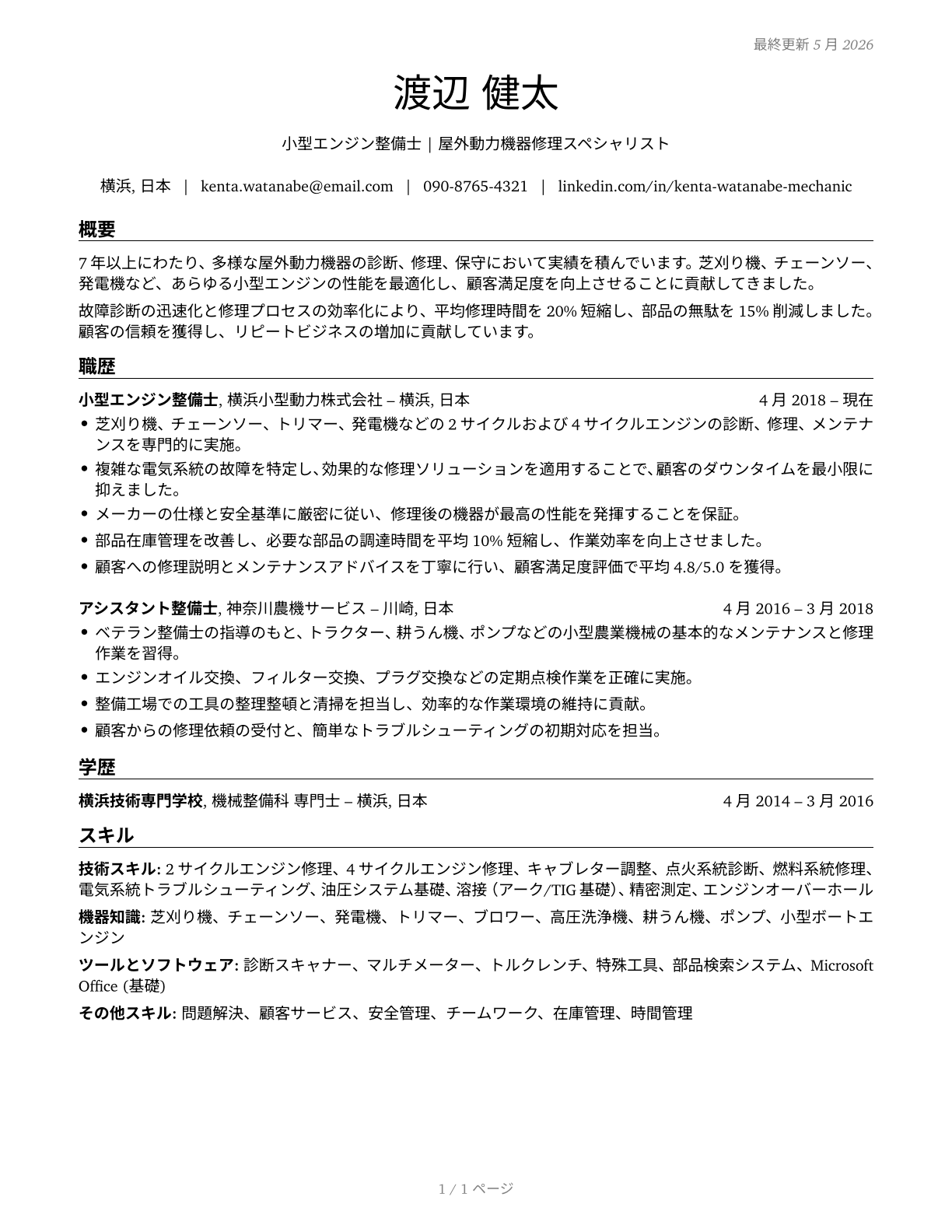 Outdoor Power Equipment and Other Small Engine Mechanics CV in Japanese — page 1