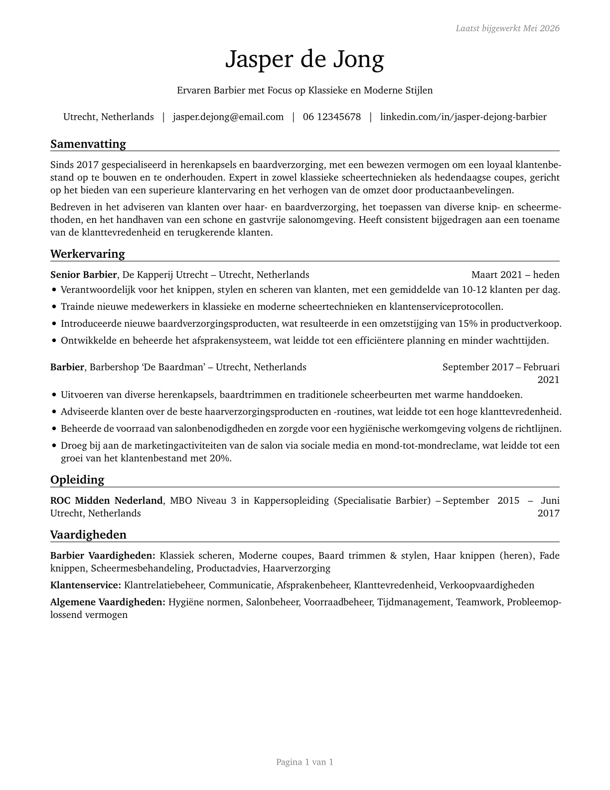 Barbers CV in Dutch — page 1