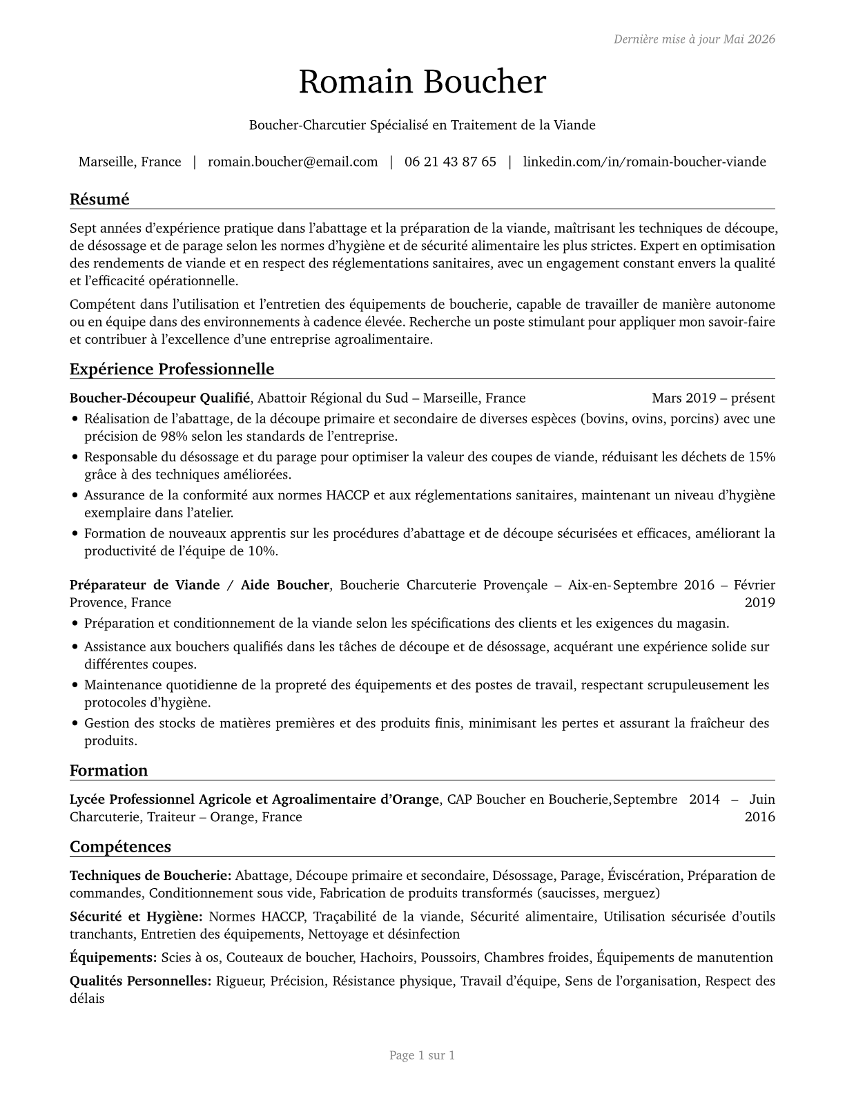 Slaughterers and Meat Packers CV in French — page 1