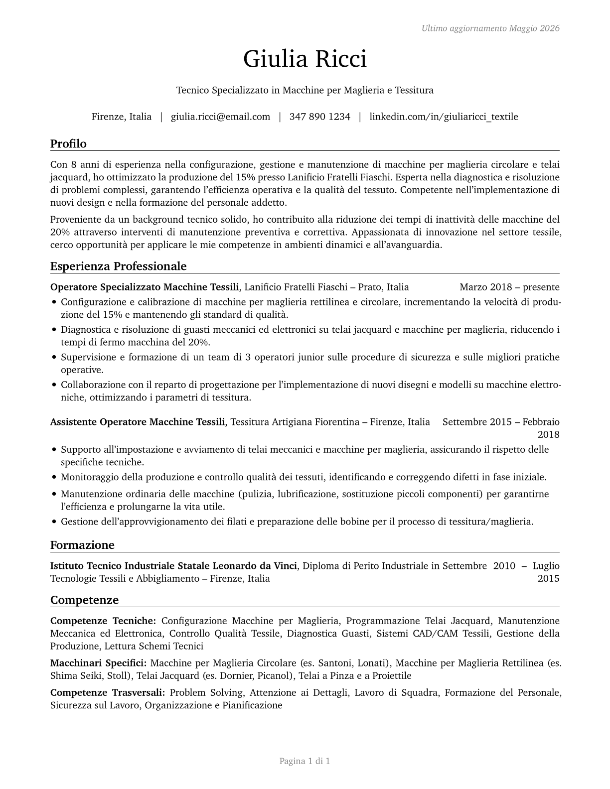 Textile Knitting and Weaving Machine Setters, Operators, and Tenders CV in Italian — page 1