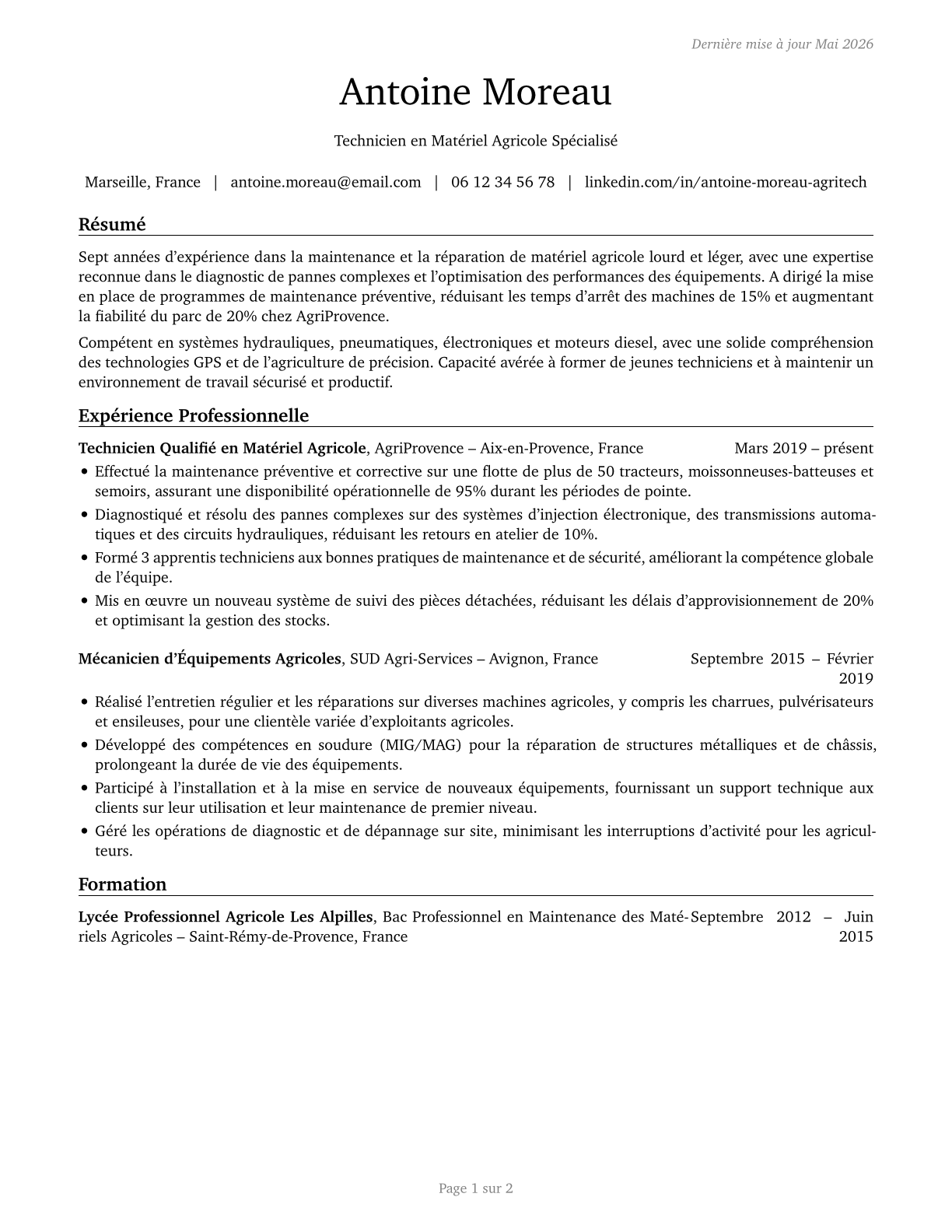 Farm Equipment Mechanics and Service Technicians CV in French — page 1