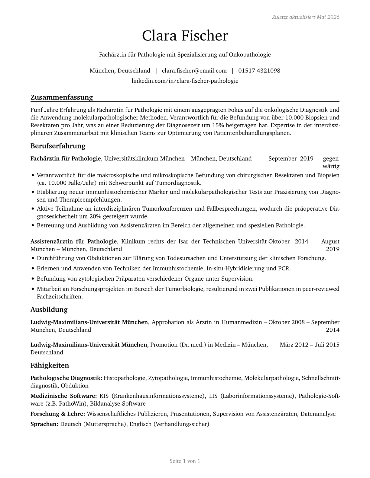 Physicians, Pathologists CV in German — page 1