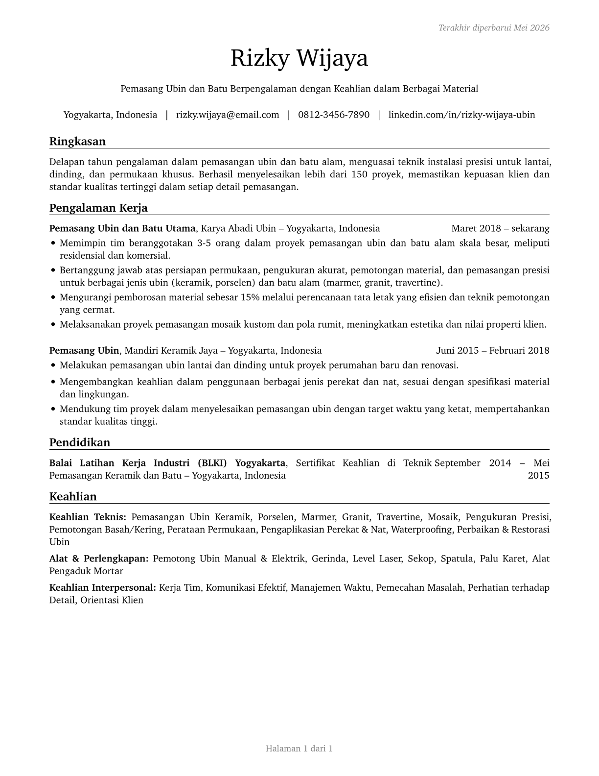 Tile and Stone Setters CV in Indonesian — page 1