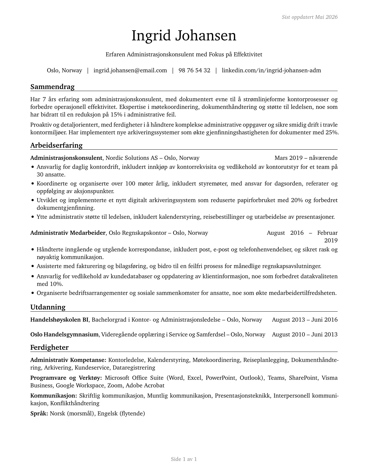 Secretaries and Administrative Assistants, Except Legal, Medical, and Executive CV in Norwegian_bokmal — page 1