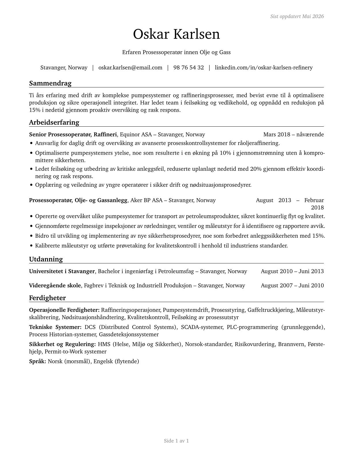 Petroleum Pump System Operators, Refinery Operators, and Gaugers CV in Norwegian_bokmal — page 1