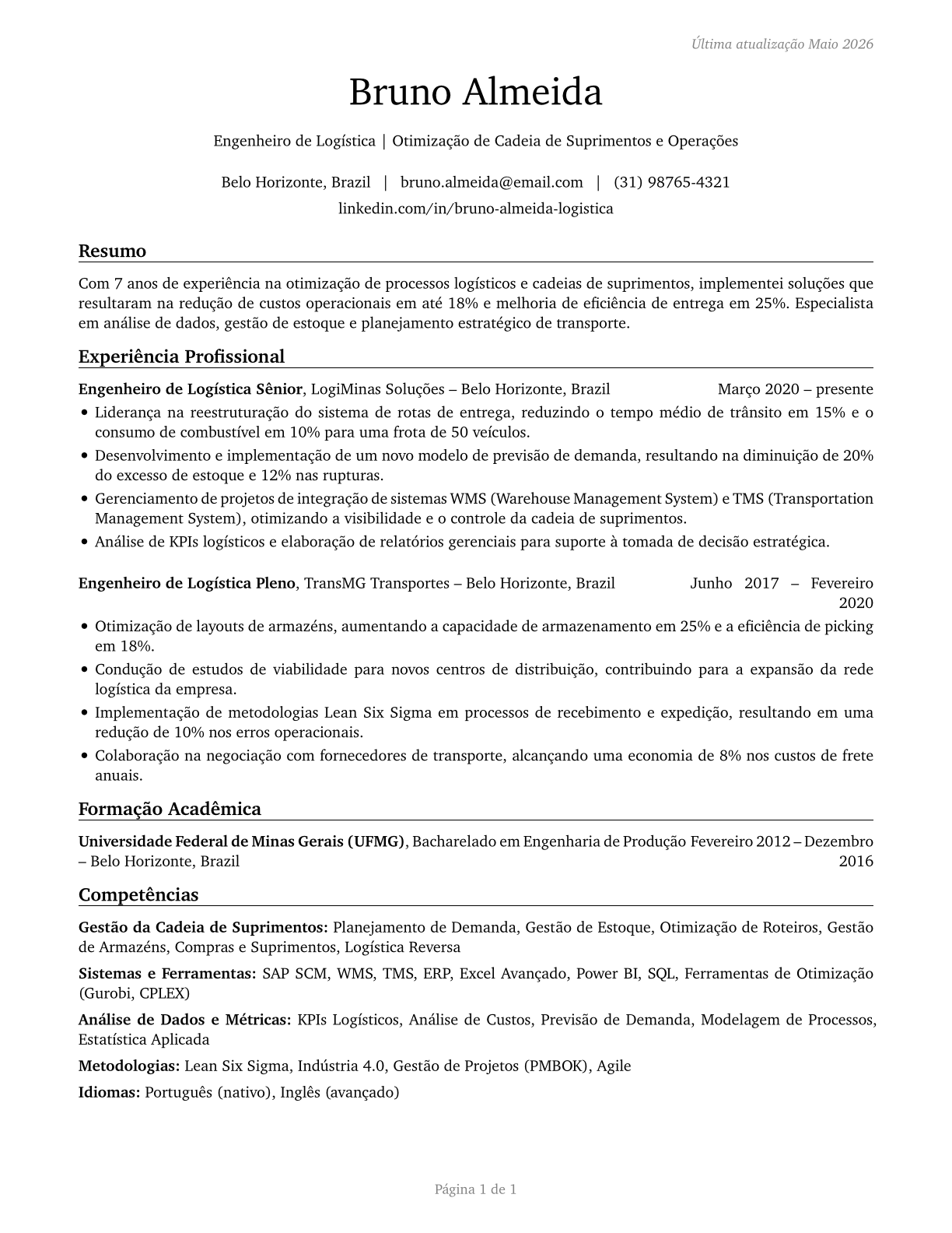 Logistics Engineers CV in Portuguese — page 1