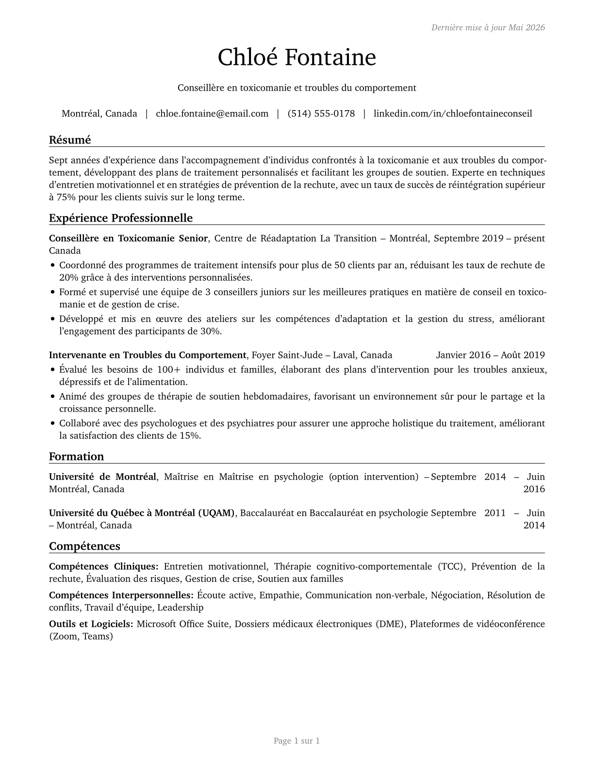 Substance Abuse and Behavioral Disorder Counselors CV in French — page 1