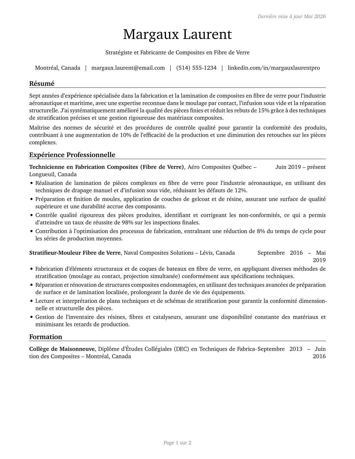 Fiberglass Laminators and Fabricators CV in French — page 1