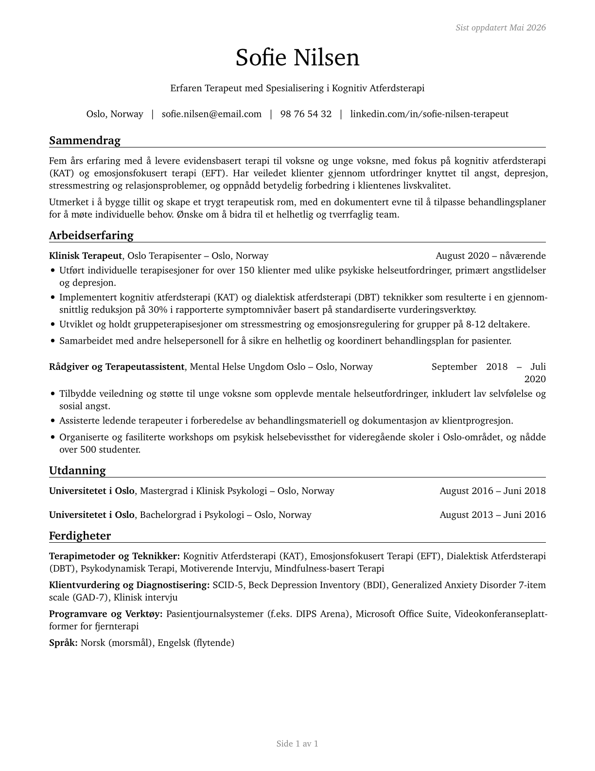 Therapists, All Other CV in Norwegian_bokmal — page 1