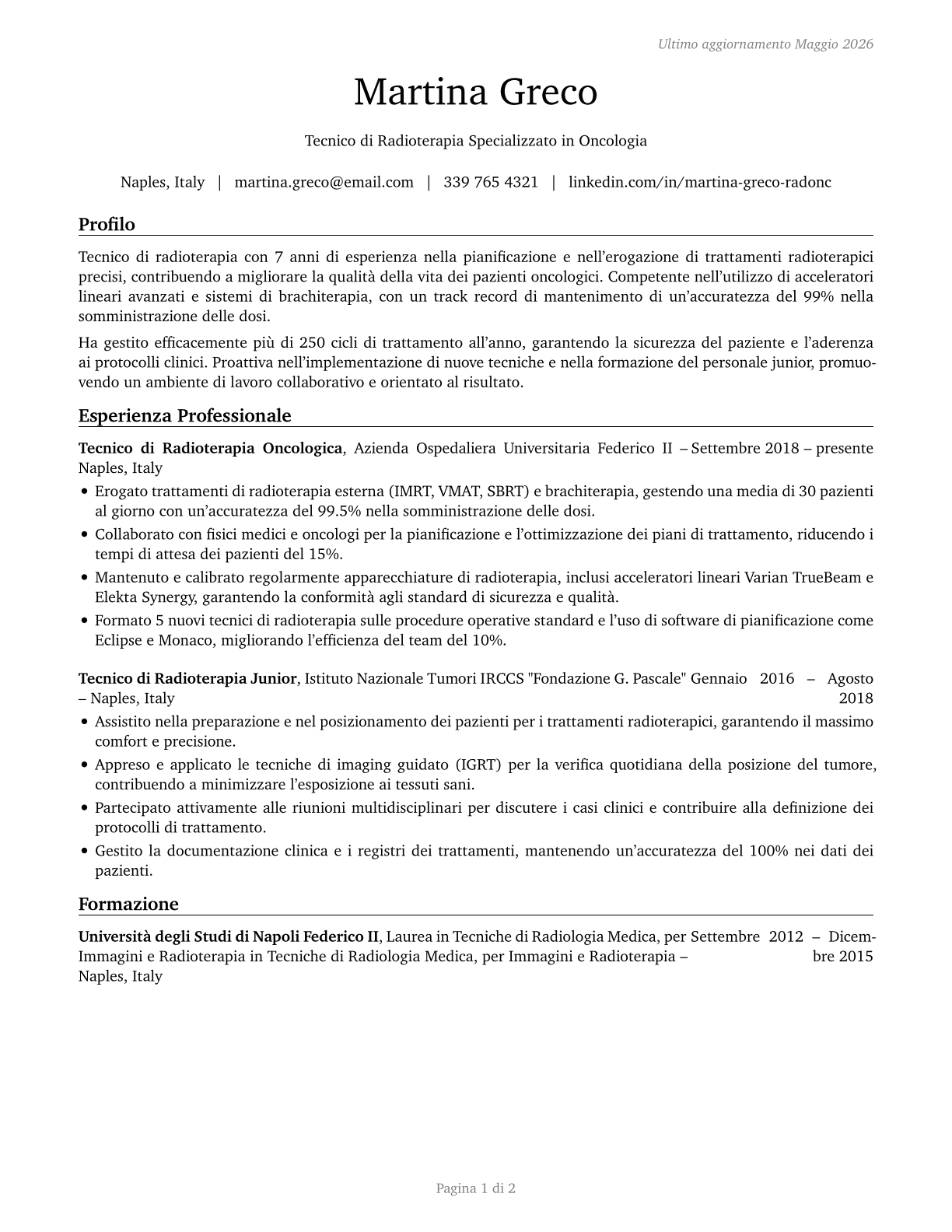 Radiation Therapists CV in Italian — page 1