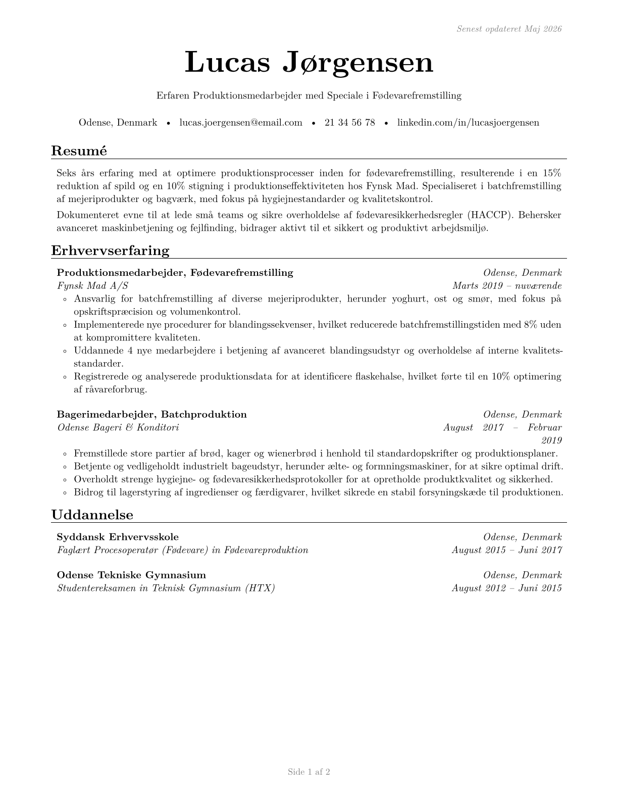 Food Batchmakers CV in Danish — page 1