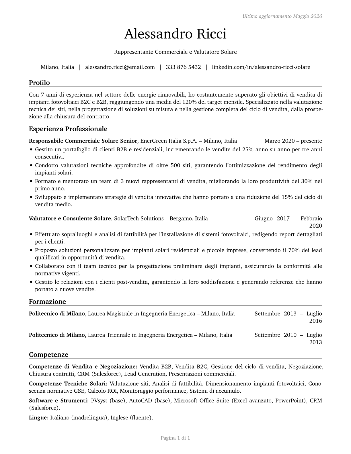 Solar Sales Representatives and Assessors CV in Italian — page 1