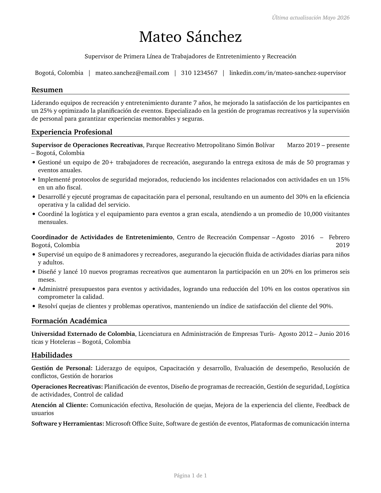First-Line Supervisors of Entertainment and Recreation Workers, Except Gambling Services CV in Spanish — page 1