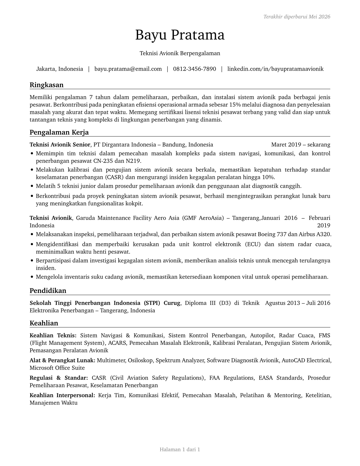 Avionics Technicians CV in Indonesian — page 1