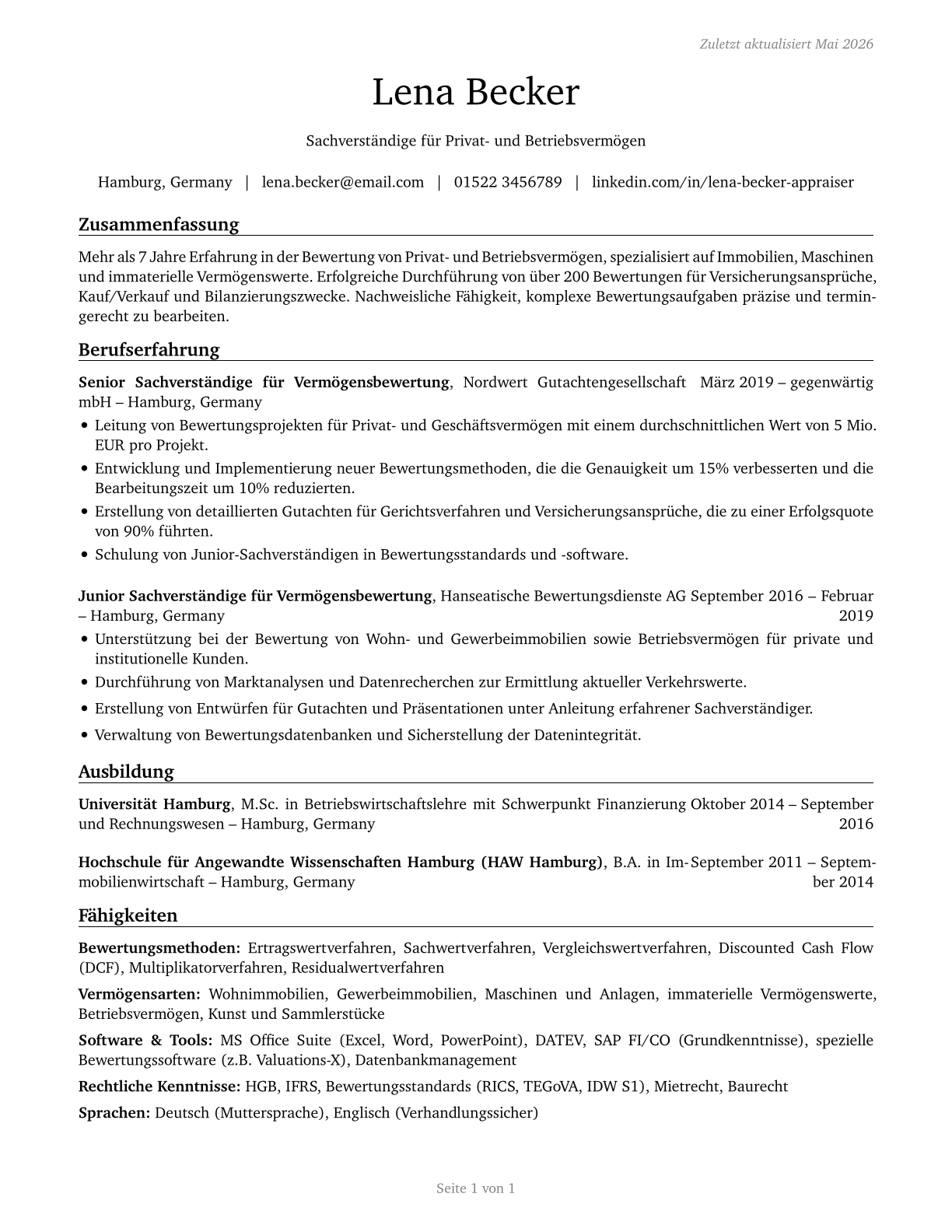 Appraisers of Personal and Business Property CV in German — page 1