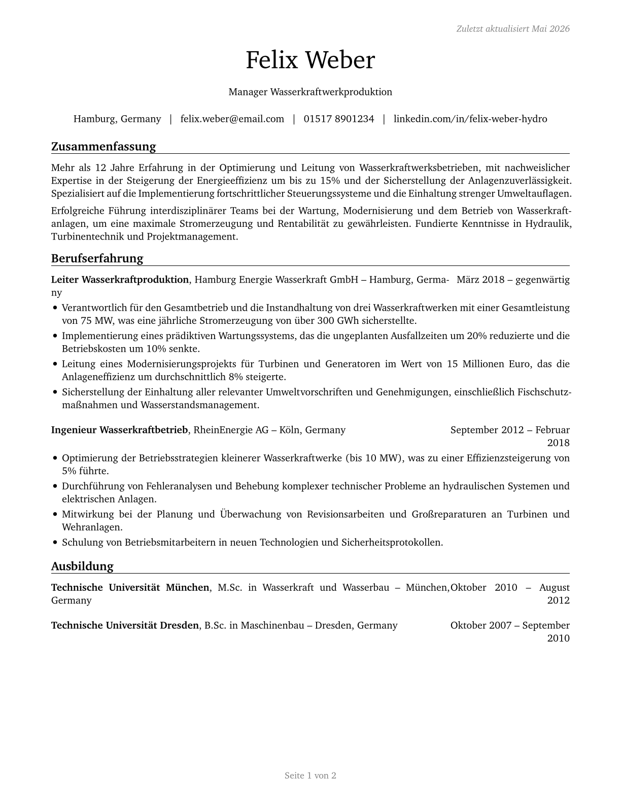 Hydroelectric Production Managers CV in German — page 1