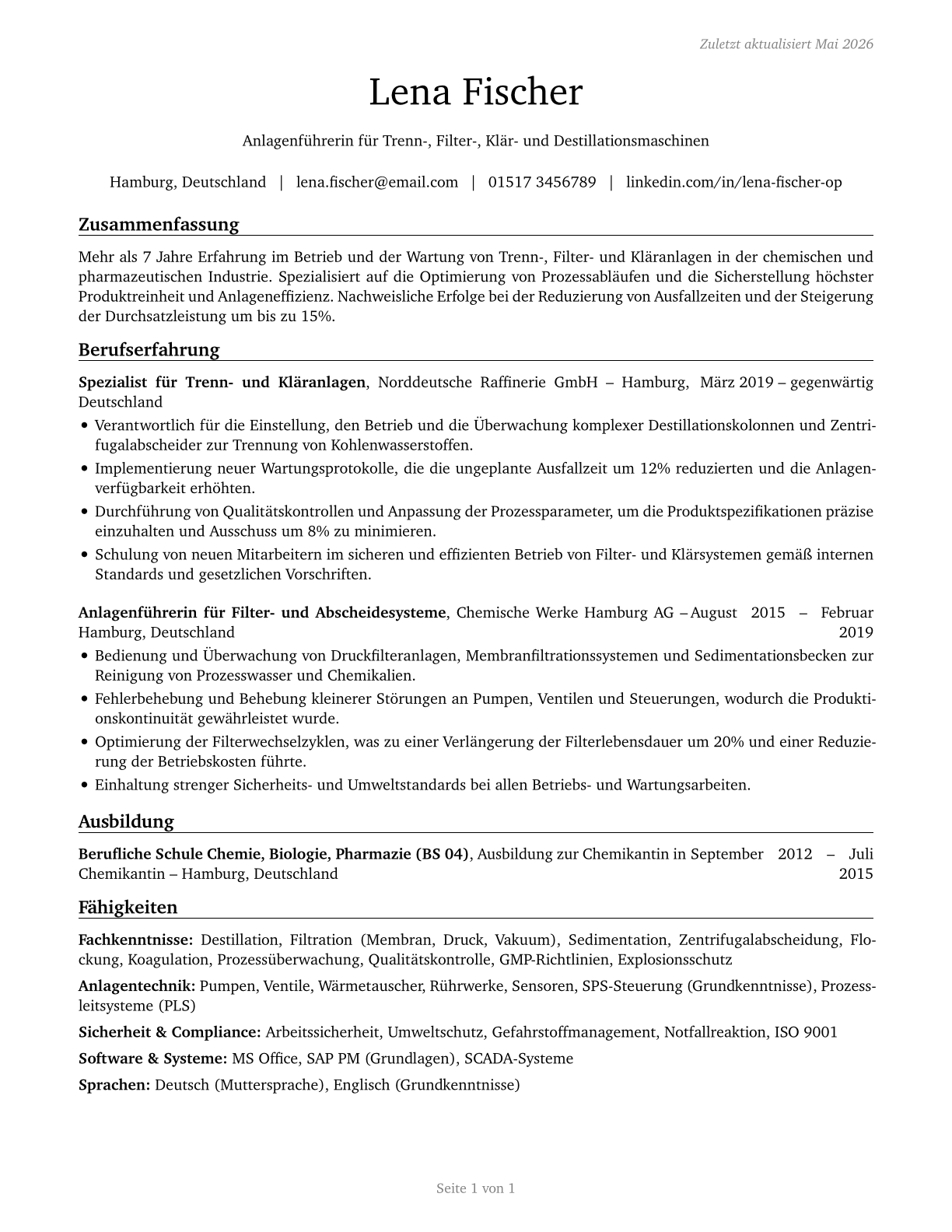 Separating, Filtering, Clarifying, Precipitating, and Still Machine Setters, Operators, and Tenders CV in German — page 1