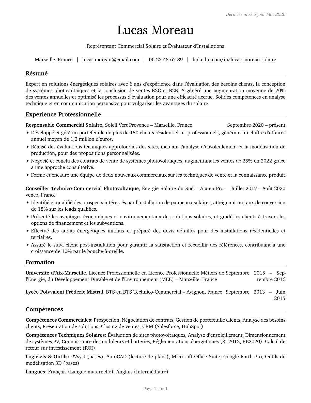 Solar Sales Representatives and Assessors CV in French — page 1