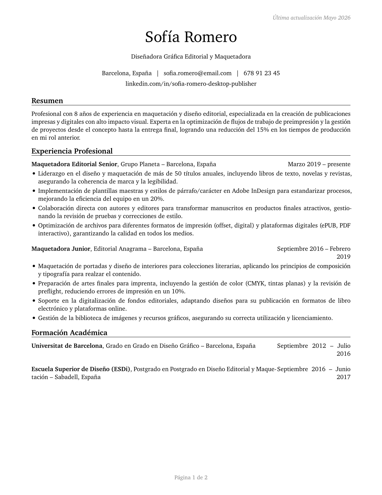Desktop Publishers CV in Spanish — page 1