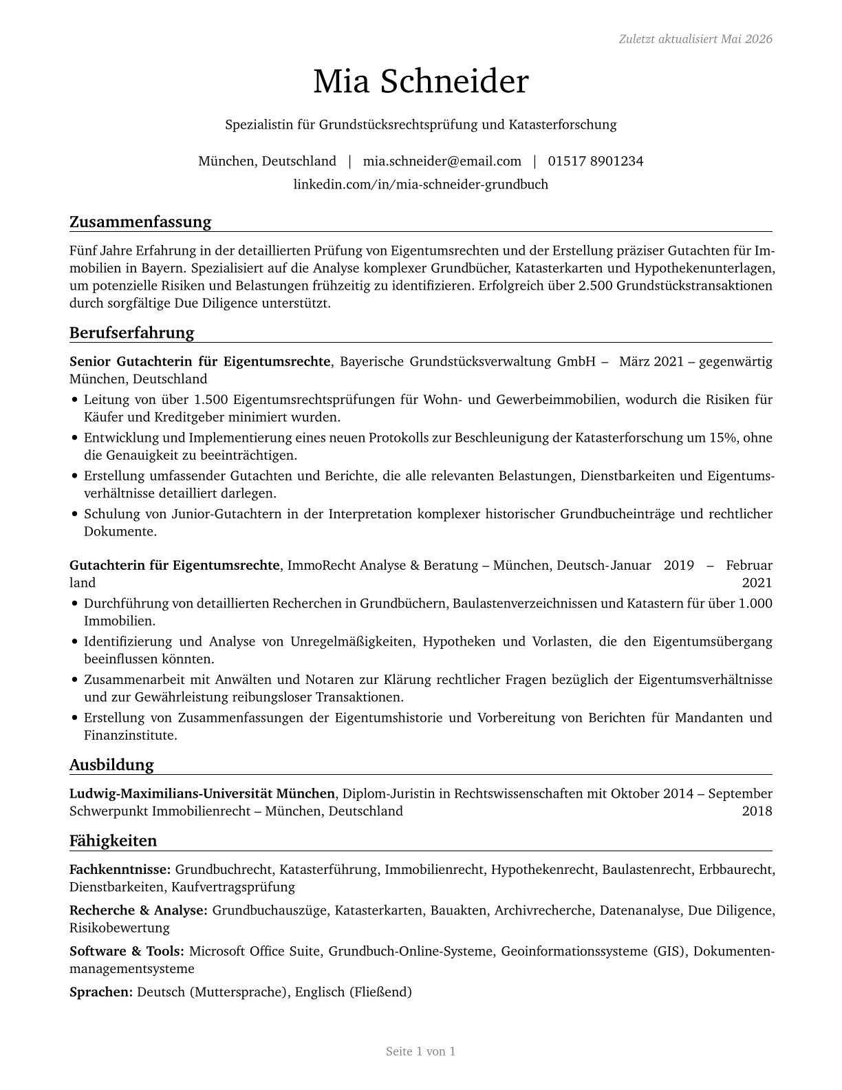 Title Examiners, Abstractors, and Searchers CV in German — page 1