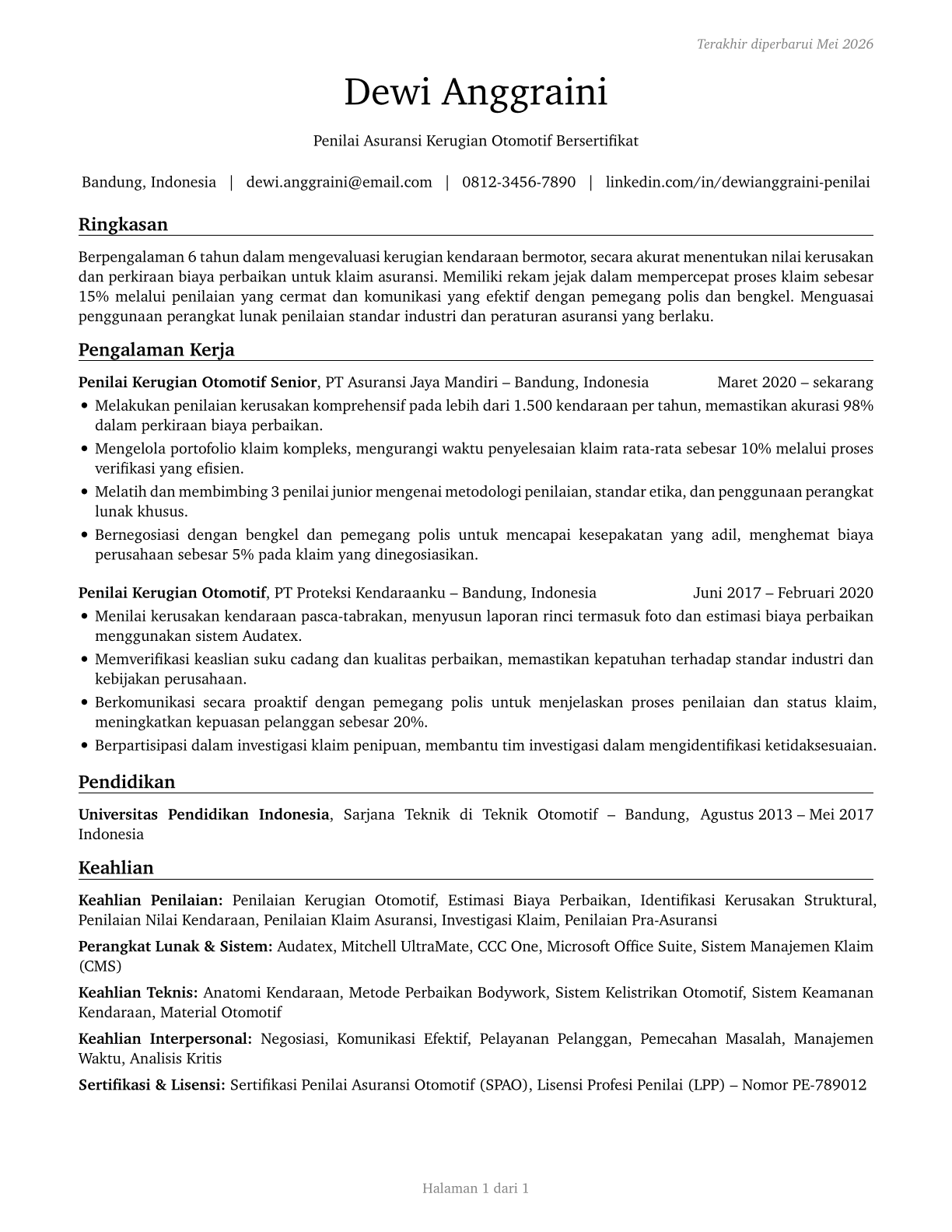 Insurance Appraisers, Auto Damage CV in Indonesian — page 1