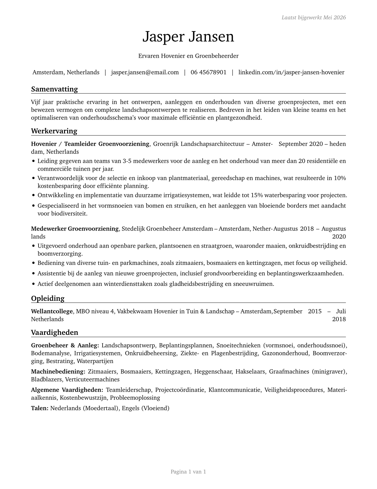 Landscaping and Groundskeeping Workers CV in Dutch — page 1