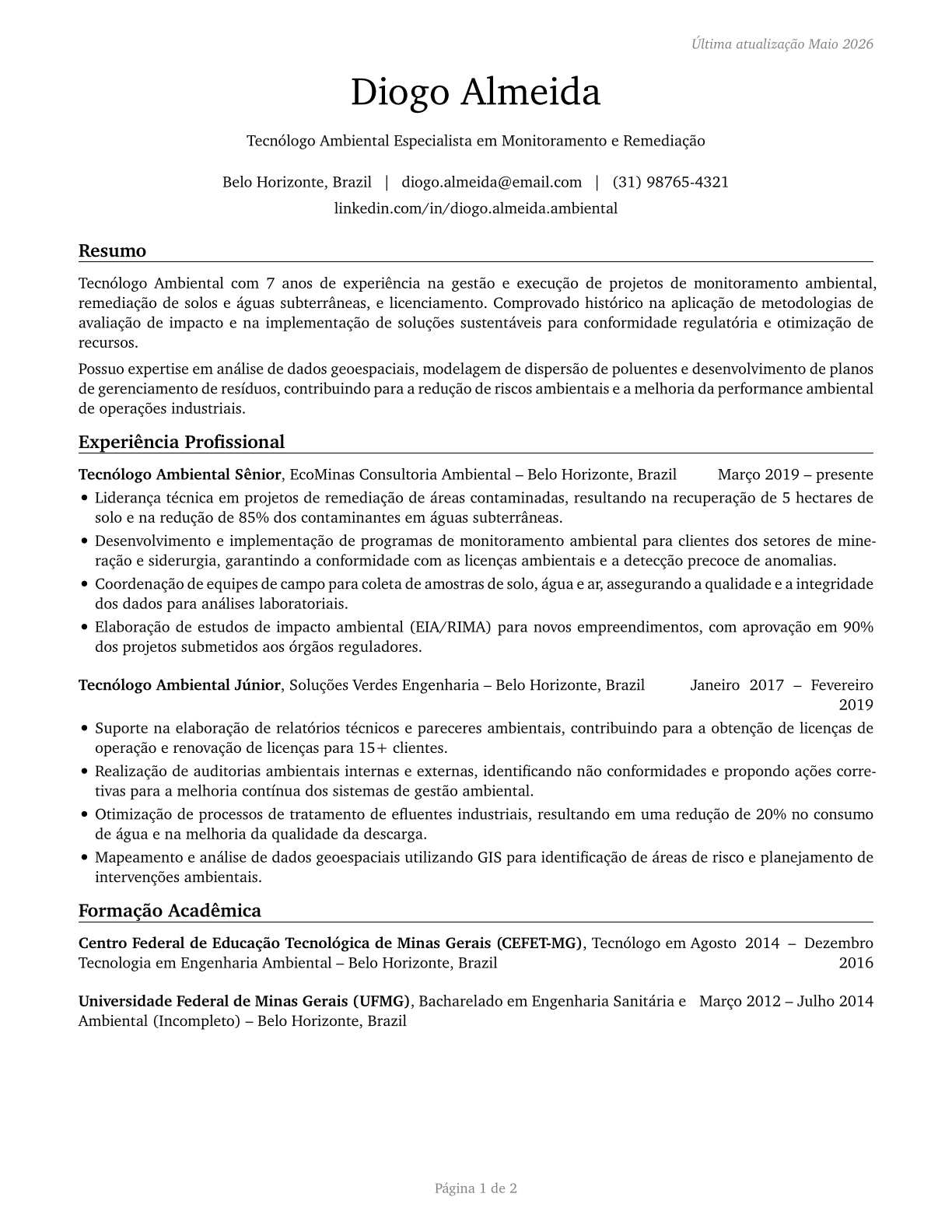 Environmental Engineering Technologists and Technicians CV in Portuguese — page 1
