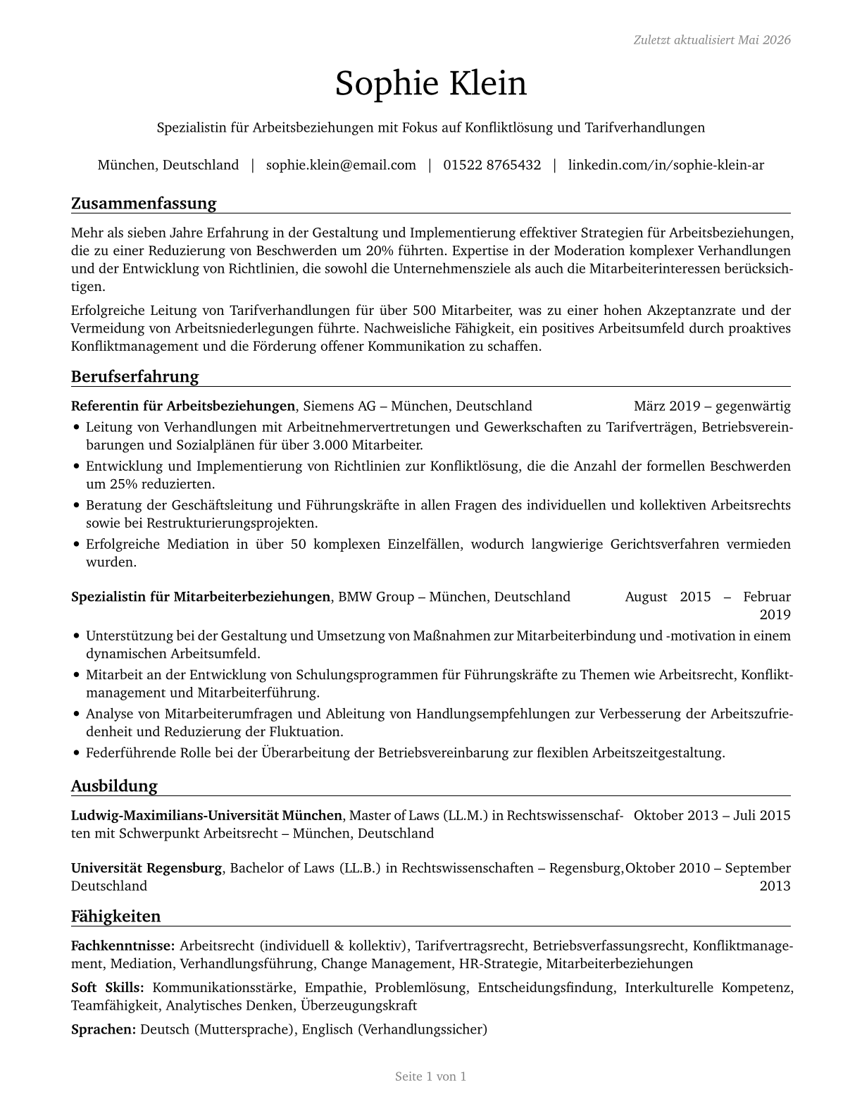 Labor Relations Specialists CV in German — page 1