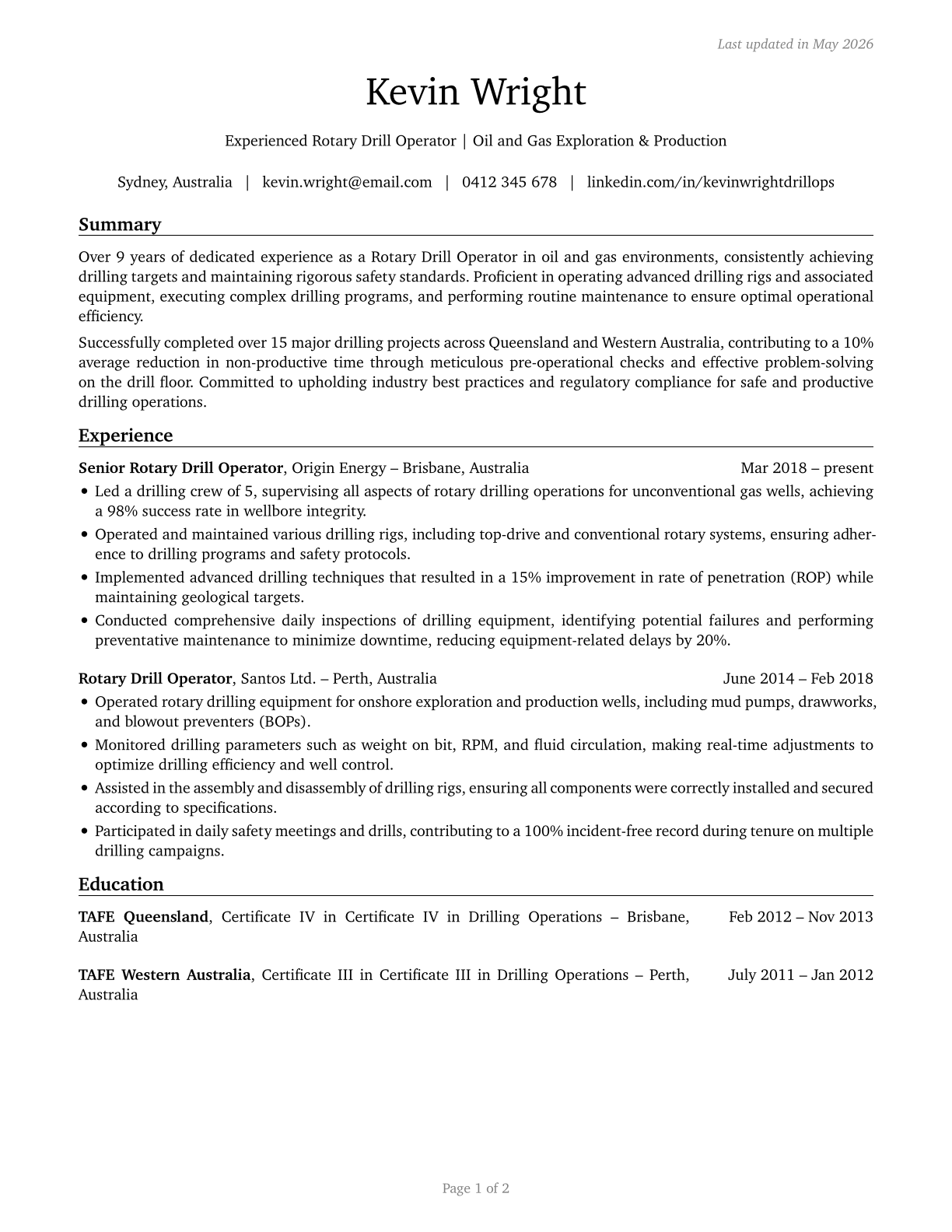 Rotary Drill Operators, Oil and Gas CV in English — page 1