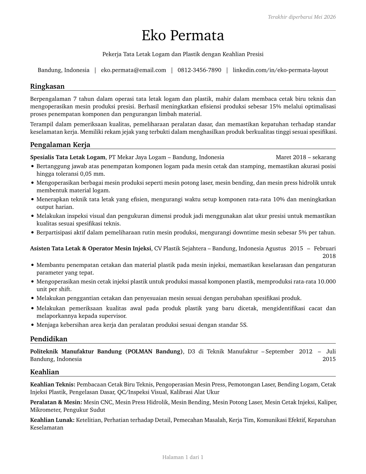 Layout Workers, Metal and Plastic CV in Indonesian — page 1