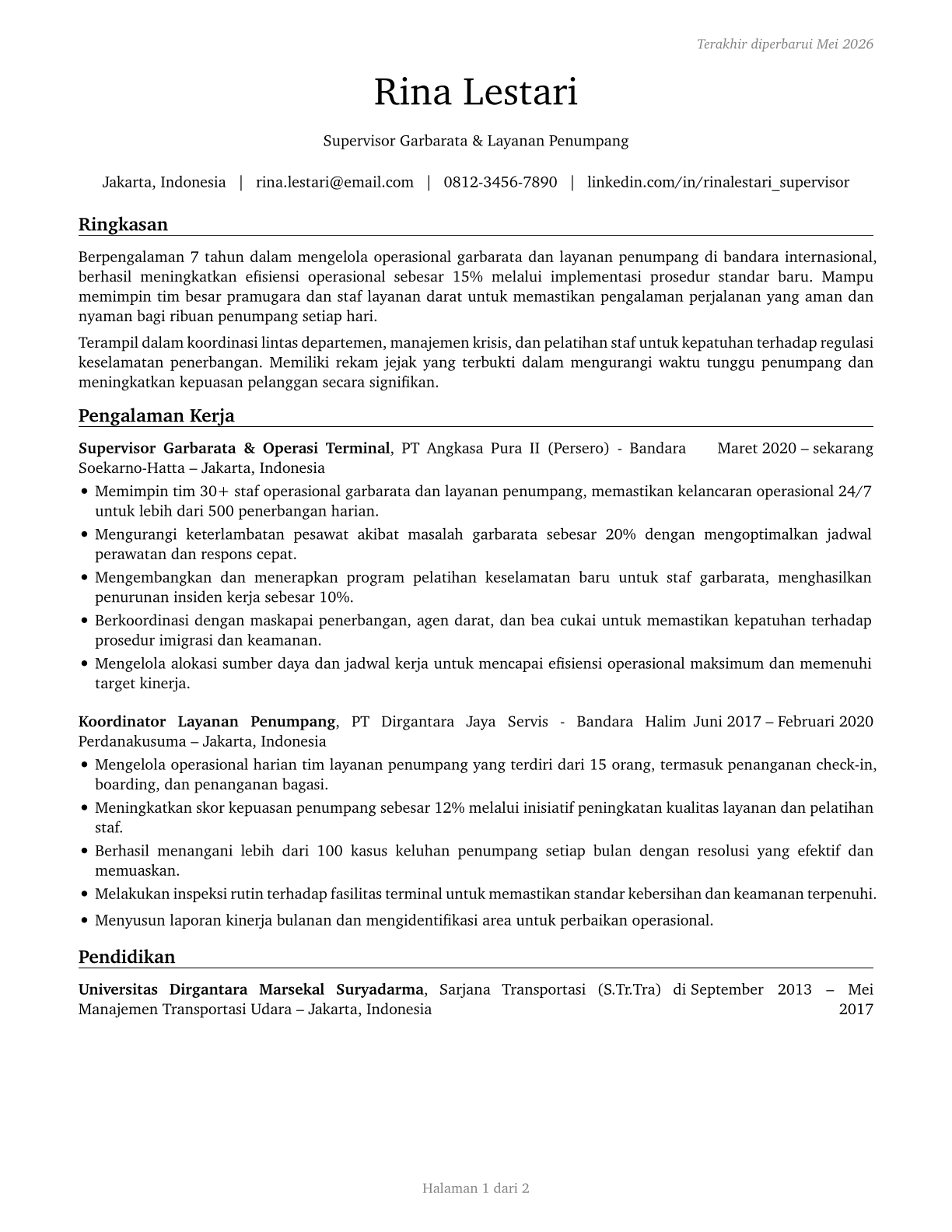 First-Line Supervisors of Passenger Attendants CV in Indonesian — page 1