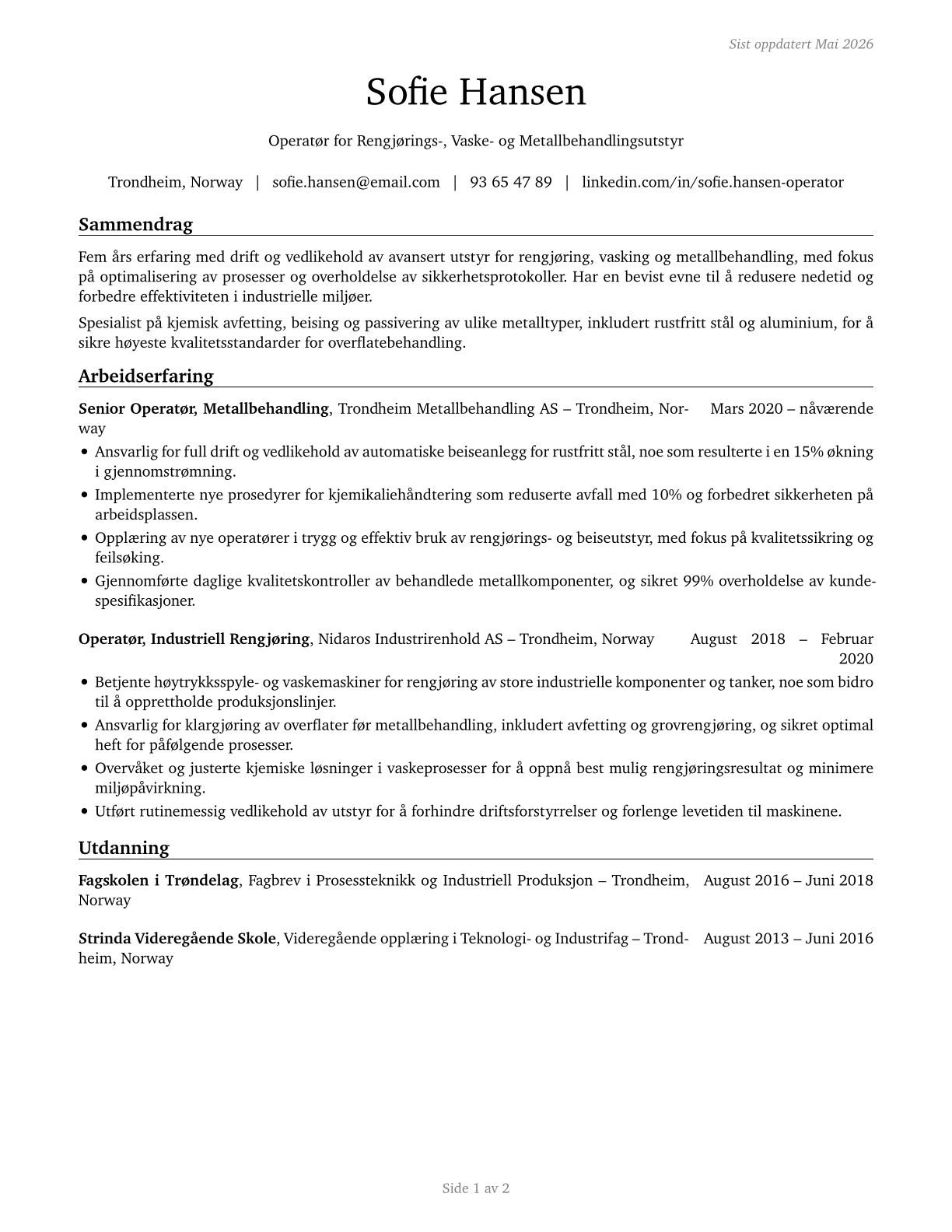 Cleaning, Washing, and Metal Pickling Equipment Operators and Tenders CV in Norwegian_bokmal — page 1