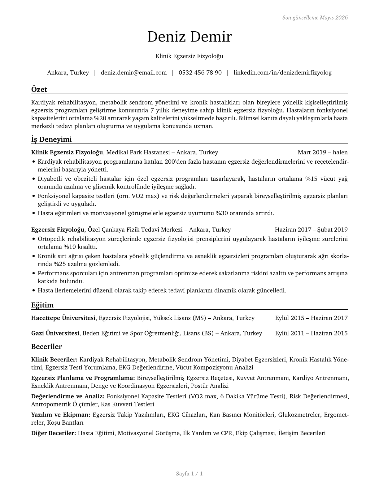 Exercise Physiologists CV in Turkish — page 1