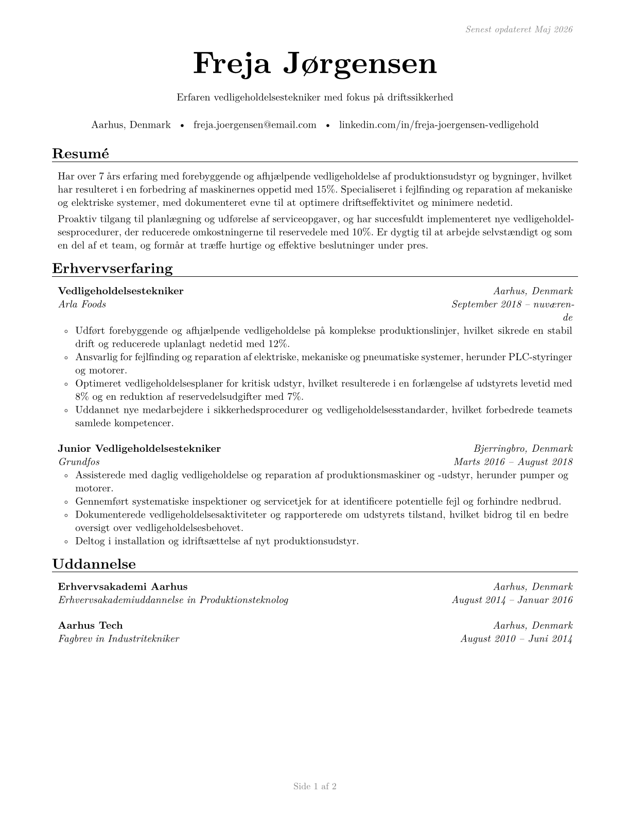 Maintenance and Repair Workers, General CV in Danish — page 1