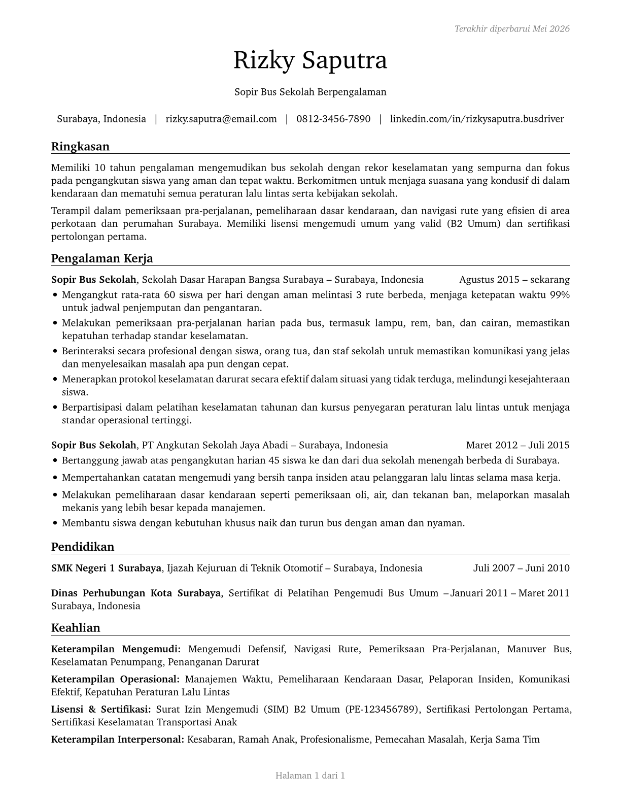 Bus Drivers, School CV in Indonesian — page 1