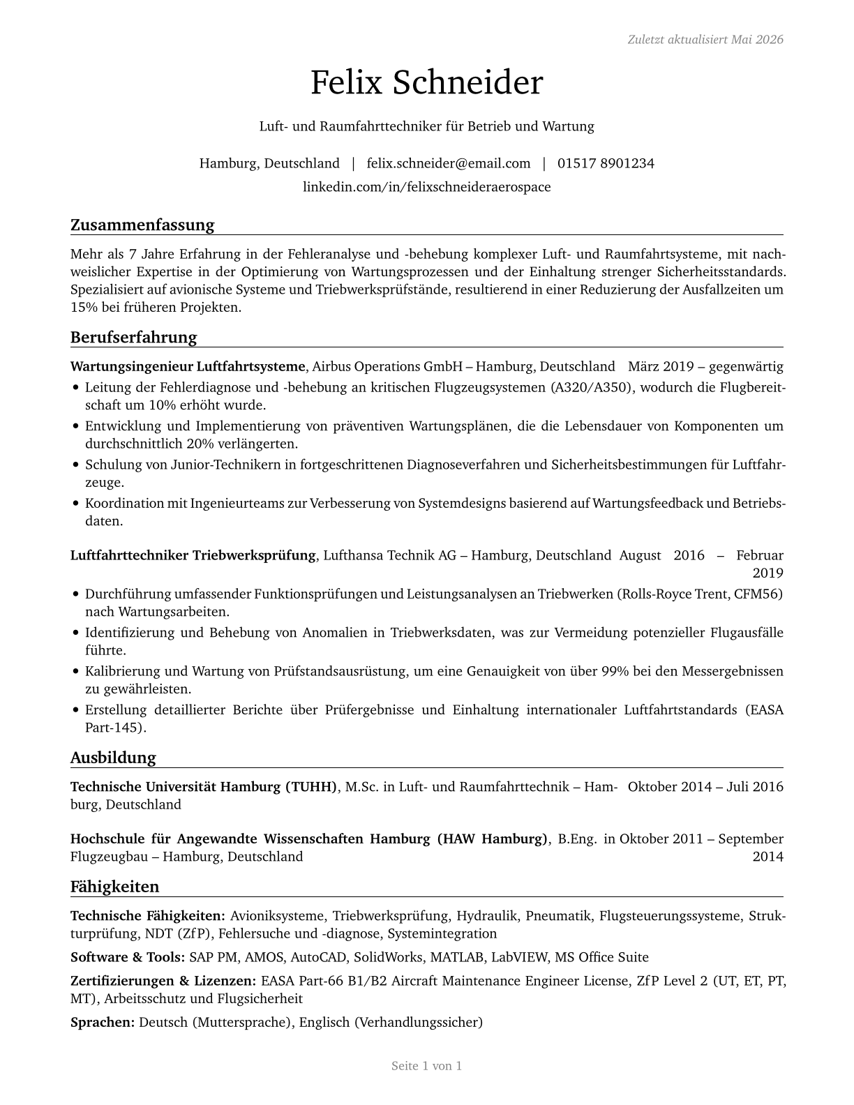 Aerospace Engineering and Operations Technologists and Technicians CV in German — page 1