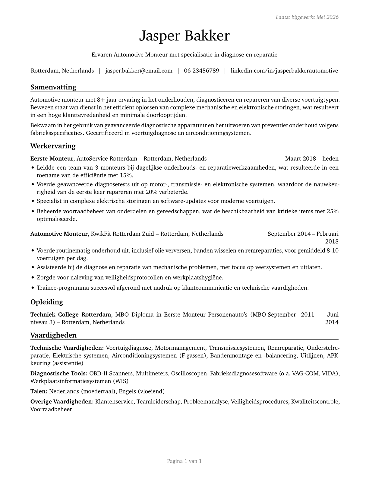 Automotive Service Technicians and Mechanics CV in Dutch — page 1
