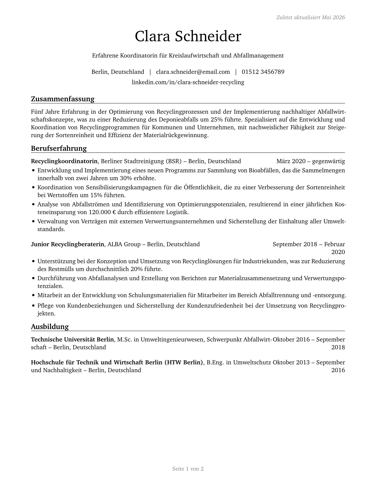 Recycling Coordinators CV in German — page 1