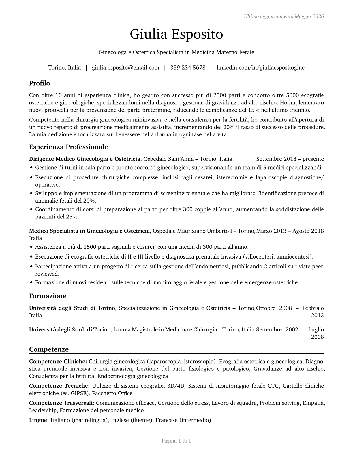 Obstetricians and Gynecologists CV in Italian — page 1